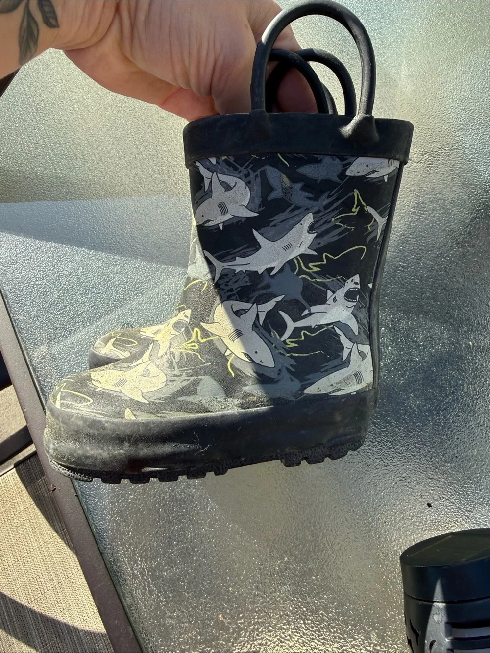 Kids Black Shark Print Rain Boots with Pull Handles